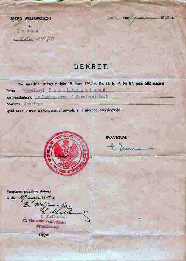 KKE 5946.jpg - Dok. Dekret Wojewody Wołyńskiego dla Leopolda Kleofasa Paszkowskiego, Łuck, 27 V 1929 r.